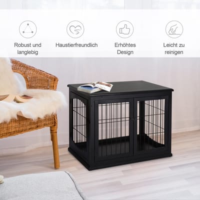 HAUSS SPOLE Hondenbench – Met Tafelblad En Dubbele Ingang – 81 x 58,5 x 66 cm – MDF En Metaal – Zwart – Voor Binnen En Kleine Tot Middelgrote Honden