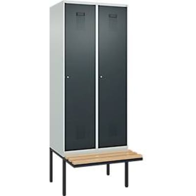 Kleiderspind C+P Evolo Plus, 2 Abteile à 400 mm Breite, schwebende Sitzbank, B 800 x T 815 x H 2120 mm, Zylinder, lichtgrau/anthrazitgrau
