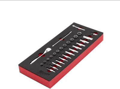 Set van 28 rateldoppen en dopsleutels 1/4 inch, schuimrubberen inzetstuk voor werkplaatswagen