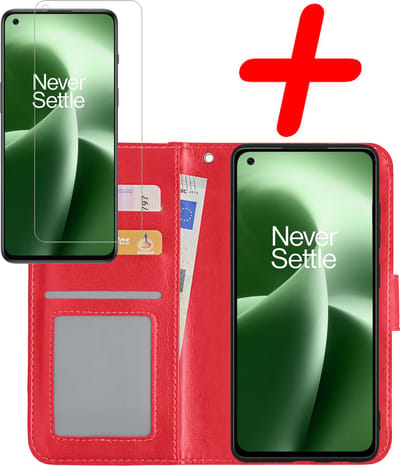 Hoesje Met Screenprotector - Geschikt voor OnePlus Nord 2T - Luxe Pasjeshouder - Bookcase Portemonee - Flip Case - Kunstleer Book Case - Flipcase - Book Cover - Walletcase - Portemonneehoes - Rood