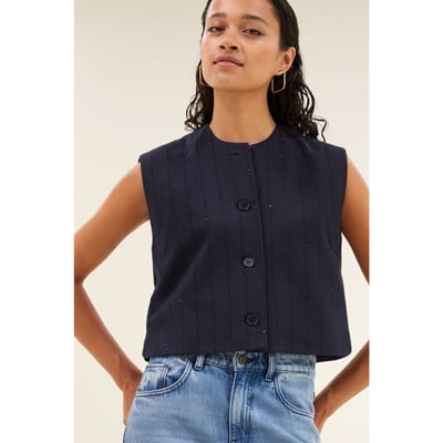 By-Bar Nori Sparkle Gilet Navy Lurex Stripe Size: L | Vests Outlet | Dames | Blauw