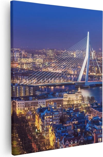 Artaza Canvas Schilderij Rotterdam - 80x100 cm - Groot - Wanddecoratie Skyline - Muurdecoratie Erasmusbrug - Schilderijen Op Canvas