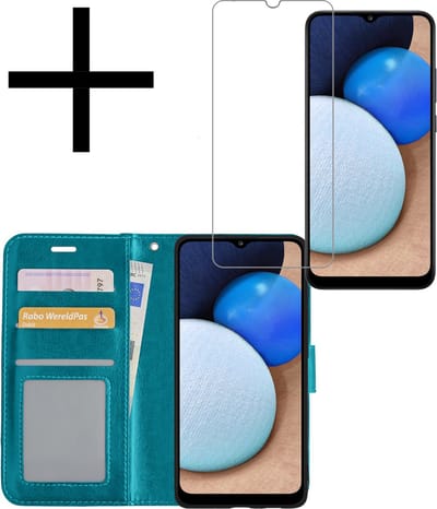 Hoesje - Met Screenprotector - Geschikt voor Samsung Galaxy A02s - Luxe Pasjeshouder - Bookcase Portemonee - Flip Case - Kunstleer Book Case - Flipcase - Book Cover - Walletcase - Portemonneehoes - Turquoise