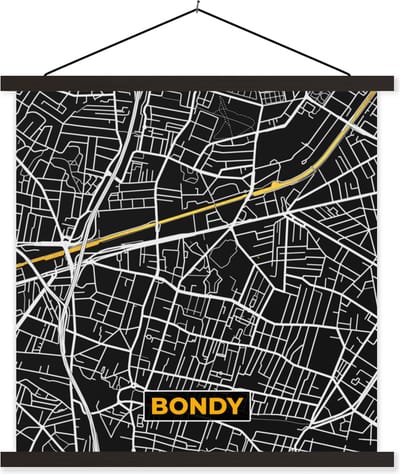 Posterhanger incl. Poster 60x60 cm - Schoolplaat - Plattegrond - Frankrijk - Bondy - Stadskaart - Kaart - Textielposter - Zwarte latten - Stadskaart