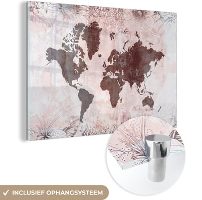 MuchoWow® Glasschilderij 60x40 cm - Schilderij acrylglas - Wereldkaart - Vintage - Rood - Foto op glas - Schilderijen