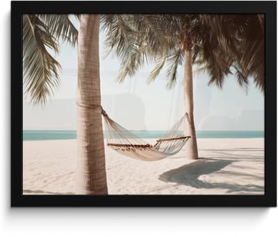 Poster in lijst - Fotolijst 40x30 cm - Posters - Hangmat - Palmbomen - Strand - Zee - Posterlijst zwart - Decoratie - Wanddecoratie woonkamer - Muurdecoratie slaapkamer