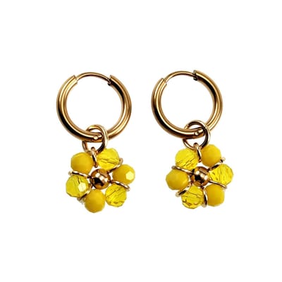 ∅14mm x 2mm Oorringen Dames - Verguld RVS - Geel Gefacetteerde Kristallen Bloem Hanger - Bungelende Oorbellen