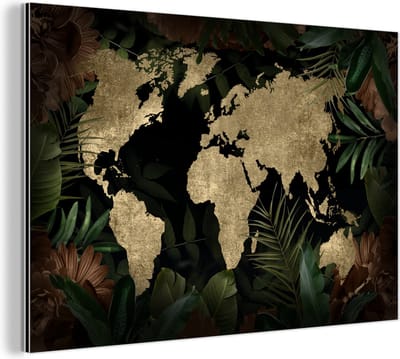 Wanddecoratie Metaal - Aluminium Schilderij Industrieel - Wereldkaart - Vintage - Planten - 120x80 cm - Dibond - Foto op aluminium - Industriële muurdecoratie - Voor de woonkamer/slaapkamer