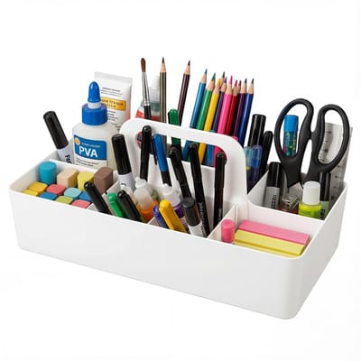 Organizer-mand met handvat, stapelbare opbergdoos van kunststof met 8 vakken, organizer voor badkamer, keuken, make-up, bureau en knutselwerk (wit, 32,5 x 17 x 15,5 cm)
