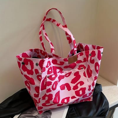 Sac fourre-tout élégant pour femme à grande capacité avec imprimé léopard, tissu Oxford léger, sac à bandoulière spacieux et multifonctionnel pour les déplacements quotidiens, le travail et les voyages rouge rose
