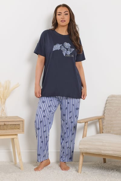 Yours Blauwe 'Coastal Calm' Gestreepte Pyjamaset Size 42-44