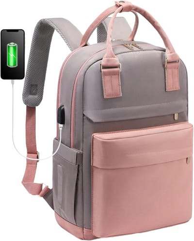 Laptoptas - Meerdere vakken - Rugzak - Met USB-poort - Stijlvolle waterdichte rugzak - Grote capaciteit - Reisrugzak - Gevoerd - Bagagetas - Schooltas - Geschikt voor werk, school en dagelijkse uitstapjes - 29*18*43 cm - Roze + Grijs