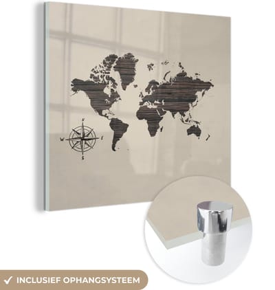 MuchoWow® Glasschilderij 90x90 cm - Schilderij acrylglas - Wereldkaart - Hout - Kompas - Foto op glas - Schilderijen