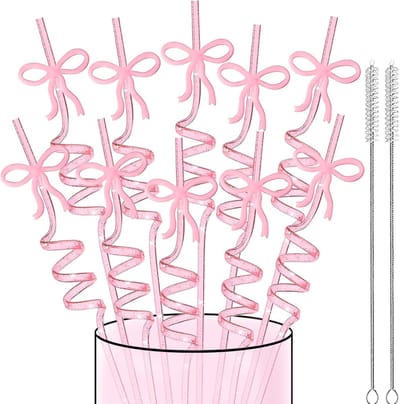 8 stuks roze strik rietjes + 2 reinigingsborstels, herbruikbare plastic drinkrietjes, verdikte rietjes, drinkrietjes partyset