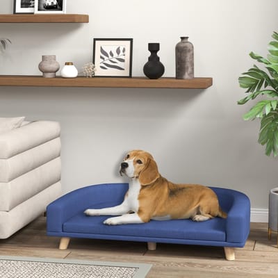 Wishdor Hondenbank - Afneembaar Kussen En Verhoogd Ontwerp - Modern - Voor Binnen - Polyester En Houten Poten - Blauw - 98 X 67 X 25 Cm