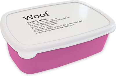 Broodtrommel Roze - Lunchbox - Brooddoos - Woof - Quotes - Spreuken - Woef definitie - Woordenboek - 18x12x6 cm - Kinderen - Meisje
