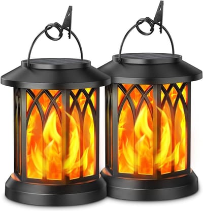 GELLDG 2 stuks Solarlantaarns - Solarverlichting voor buiten in de tuin - Hangend - Realistisch vlameffect - Waterdicht - Met clip - Geschikt voor terrassen, Halloween en balkondecoratie - Zwart