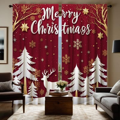 Décoration de Noël Vue de rue Pin Rideau de neige Décoration de style pour la maison salon chambre à coucher à travers W52H63inchW132H160cm white