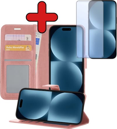 Hoesje - Met Screenprotector - Geschikt voor Apple iPhone 15 - Luxe Pasjeshouder - Flipcase - Bookcase Portemonee - Flip Case - Kunstleer Book Case - Book Cover - Walletcase - Portemonneehoes - Telefoonhoes - Rosé goud