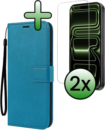 Hoesje Met 2x Screenprotector - Geschikt voor Apple iPhone 17 Pro - Luxe Pasjeshouder - Bookcase Portemonee - Flip Case - Kunstleer Book Case - Flipcase Hoes - Book Cover - Walletcase - Portemonneehoes - Turquoise