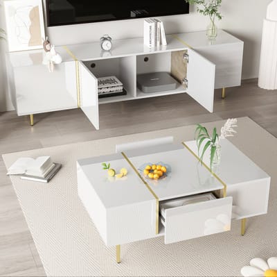 DESMIU Tv Meubel En Salontafel Set - Hoogglans Met Opbergruimte En Softclose - Voor Moderne Woonkamer - MDF Wit - 170x35x46 En 100x60x41,5 Cm