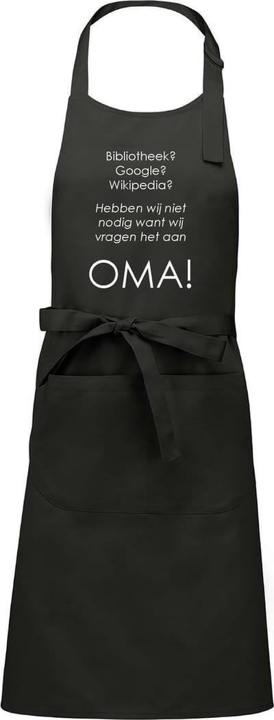 Mijncadeautje Schort - Wij vragen het aan OMA - opdruk wit - mooie en exclusieve keukenschort - grijs