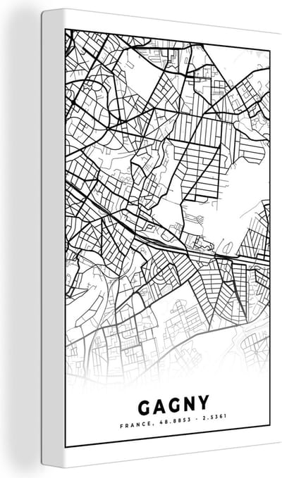 Canvas Schilderij Gagny - Stadskaart – Plattegrond – Kaart – Frankrijk - Zwart wit - 20x30 cm - Wanddecoratie