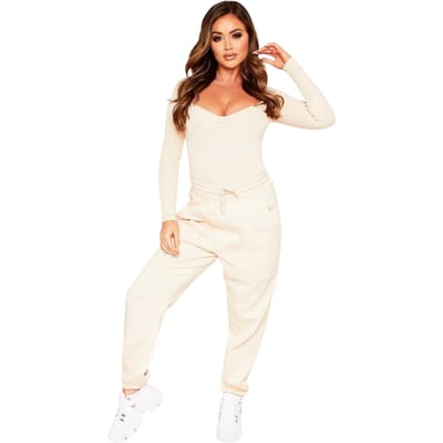 Missy Empire Damesbodysuit met cups en geribde lange mouwen (Crème)