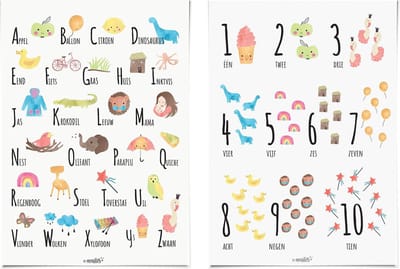 Posterset Waterverf: Alfabet en Cijfer Poster 30x40 cm - Muurdecoratie - Kinderkamer Decoratie