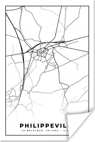 Poster Zwart Wit – België – Plattegrond – Stadskaart – Kaart – Philippeville - 120x180 cm XXL