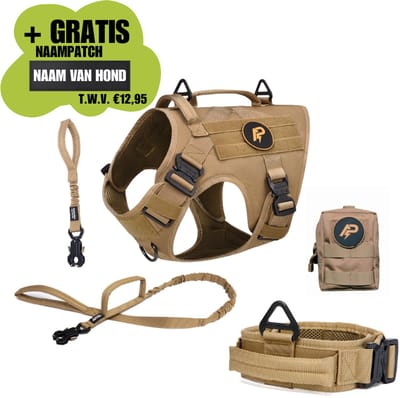 Always Prepared® Pro Combi Deal - Hondentuig + Halsband + Riem + Opbergtasje - Totaalpakket - Anti-Trek Set voor Middel en Grote Honden - Khaki- Maat M