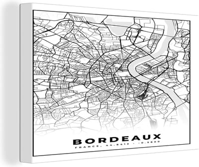 Canvas Schilderij Kaart - Stadskaart - Frankrijk - Bordeaux - Plattegrond - Zwart wit - 30x20 cm - Wanddecoratie