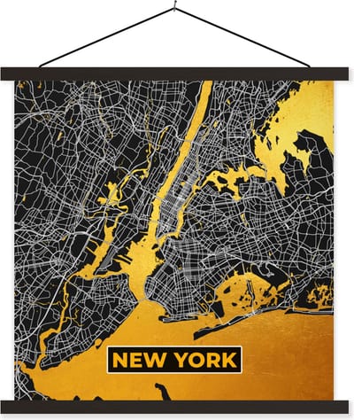 Posterhanger incl. Poster 60x60 cm - Schoolplaat - Goud - Stadskaart - Plattegrond - New York - Kaart - Textielposter - Zwarte latten - Stadskaart