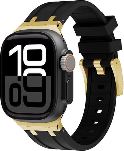 Siliconen bandje - geschikt voor Apple Watch series 1/2/3/4/5/6/7/8/9/10/11/ SE (1,2,3) / Ultra (1,2,3) met maat 44 mm / 45 mm / 46 mm / 49 mm - zwart-goud