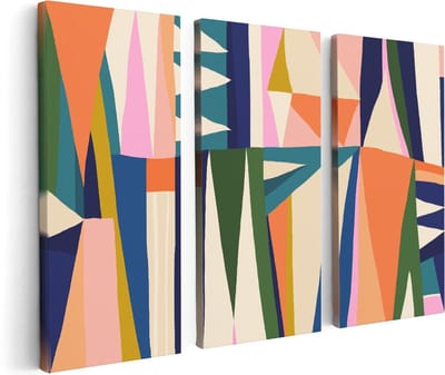 Artaza Canvas Schilderij Drieluik Abstracte Kleurrijke Kunst - Driehoeken - 120x80 cm - Wanddecoratie Woonkamer - Schilderijen - Muurdecoratie