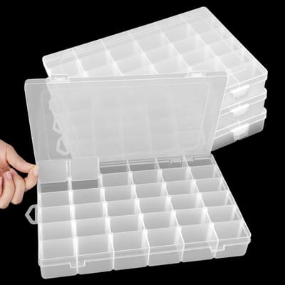 4 stuks 36 roosters doorzichtige plastic opslagcontainers met verstelbare verdelers, organizer voor kleine onderdelen, kralen organizer, kunst doe-het-zelf, ambachtelijke opbergdozen, visgerei