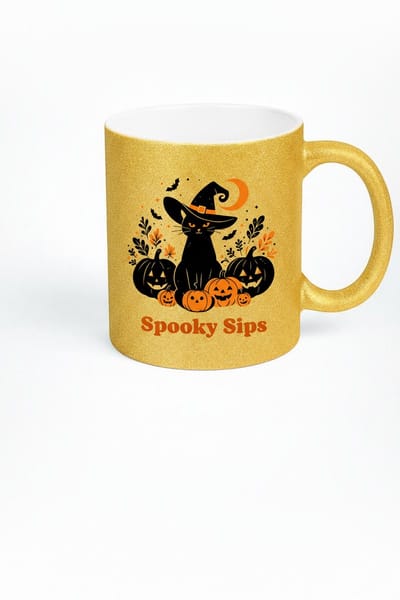 Halloween Mok - Spooky Sips Glitter Koffiemok met Zwarte Kat en Pompoenen