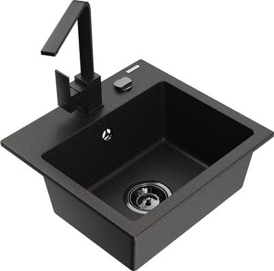 Mexen Milo granieten gootsteen 1-kompartment met keukenkraan Rita, zwart/goud metallic - 6505-75-670300-70-B