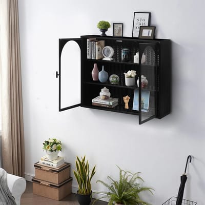 DESMIU Wandkast - Tweedelige Opbergkast Met Glasdeuren En Uitneembare Plank - Voor Hal Woonkamer Badkamer En Eetkamer - Metaal En Gehard Glas - 60x23x70 Cm - Zwart
