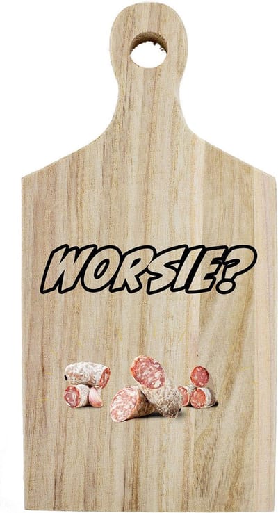 Borrelplank Humor Worsie? – Grappige houten serveerplank met worst