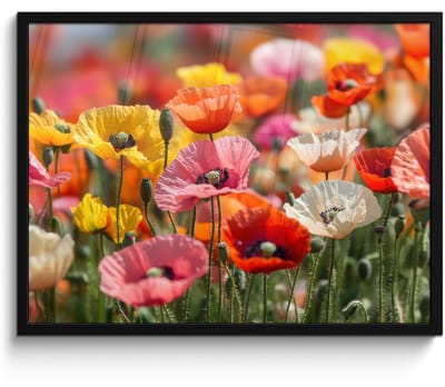 Poster in lijst - Fotolijst 70x50 cm - Posters - Bloemenveld - Klaprozen - Kleurrijk - Posterlijst zwart - Decoratie - Wanddecoratie woonkamer - Muurdecoratie slaapkamer