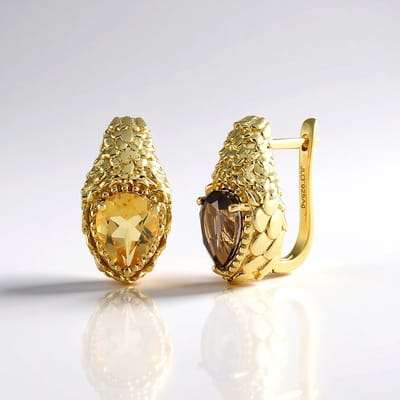 Cavill - Oorbellen 925 Zilver Verguld - Peervormige Rookkwarts 1,305 ct & Citrien 1,287 ct - Braziliaanse Edelsteen - 20 mm