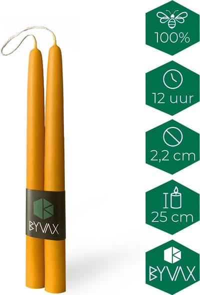 8 Bijenwas Dompelkaarsen | 25cm Hoog | 100% Zuivere bijenwas | Dinerkaarsen