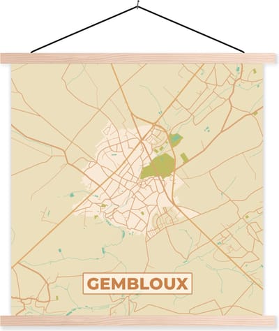Posterhanger incl. Poster 40x40 cm - Schoolplaat - Kaart - Vintage - Gembloux - Stadskaart - Plattegrond - Textielposter - Blanke latten - Stadskaart