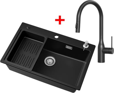 CECIPA max Spoelbak Keuken 70x45cm - Spoelbak Keuken Met Zeepdispenser - Multifunctionele Spoelbak Met Uittrekbare Uitloop Keukenkraan - gootsteen - Spoelbakken met Afdruip - Antraciet