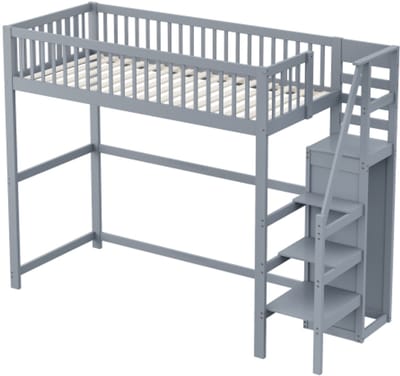 Gotagee Hoogslaper 90x200 met trap, houten kinderbed met opbergplank, eenvoudige kledingkast grijs(zonder matras)