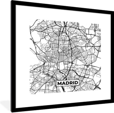 Fotolijst incl. Poster Zwart Wit- Madrid - Zwart Wit - Stadskaart - Plattegrond - Kaart - 40x40 cm - Posterlijst