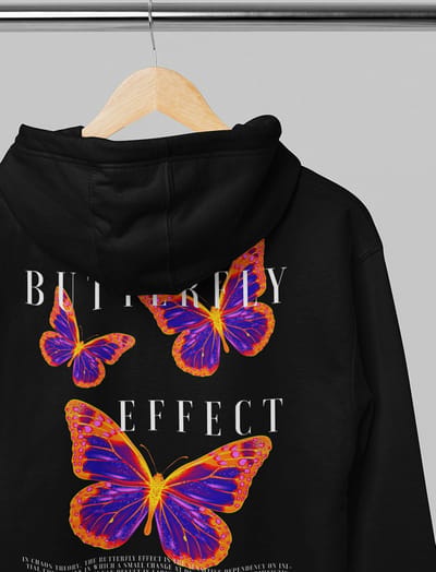 Hoodie - Butterfly effect - Wurban Wear | Grappige Hoodie | Merk kleding | Unisex hoodie | Techno outfit | Trui | Oversized hoodie | Gym hoodie | Pump cover | Vlinder hoodie | Zwart