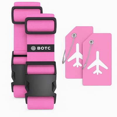 BOTC Kofferriem met Kofferlabel - 4-Delig - 2 Kofferband en 2 Bagagelabel - bagageriemen - Bagageband - Verstelbaar - Roze