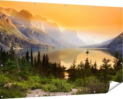Gards Tuinposter Bergen met een Meer in Nationaal Park Glacier - 180x120 cm - Tuindoek - Tuindecoratie - Wanddecoratie buiten - Tuinschilderij